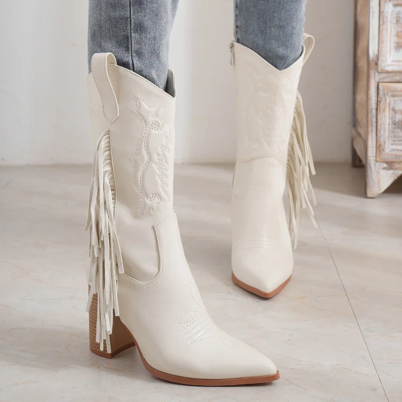 

Женские ковбойские сапоги с вышивкой, белые сапоги до колена из искусственной кожи, с острым носком, на квадратном каблуке, осенние сапоги в западном стиле