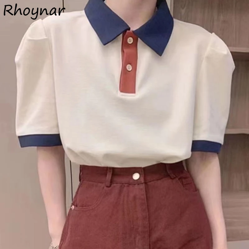 

T-shirts Women Patchwork Turn Down Collar Baggy Summer Korean Style Fashion Camisetas All-match Chic Office Lady Simply Tops New