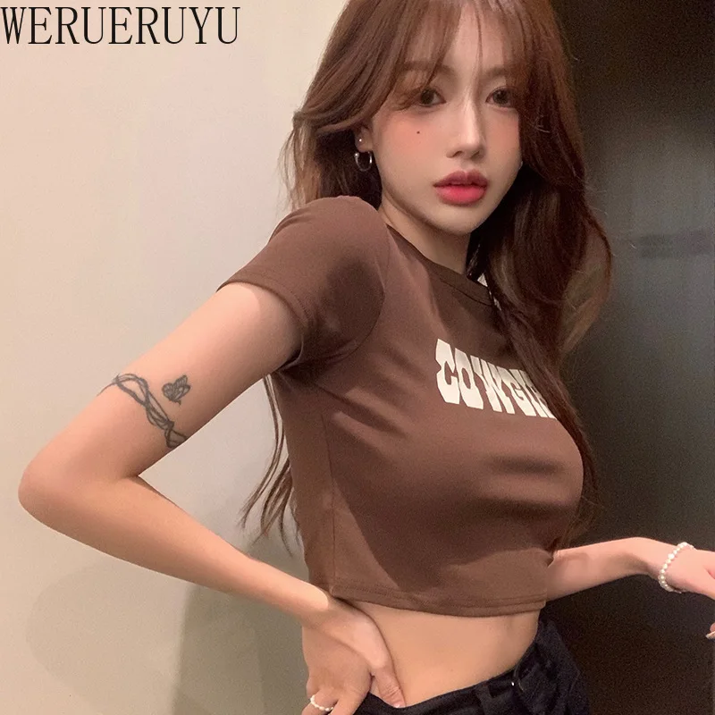 

Summer Kawaii Vintage T Shirt Women Clothes Short Sleeve Crop Top Aesthetic Woman Y2k Korean Fashion Brown Graphic Tshirts 2022