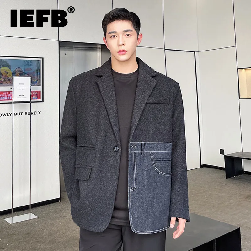 

IEFB Menswear Fashion Chic Denim Spliced Woolen Blazers Loose Single Button Tweed Suit Jacket 2023 New Autumn Winter Clothing