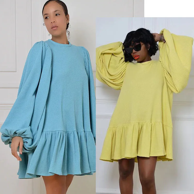 

Aniow Hight Quality Loose Big Size Lantern Sleeve Ruffle Mini Dress Backless Dresses Elegant Fashion Beach Robe Vocation