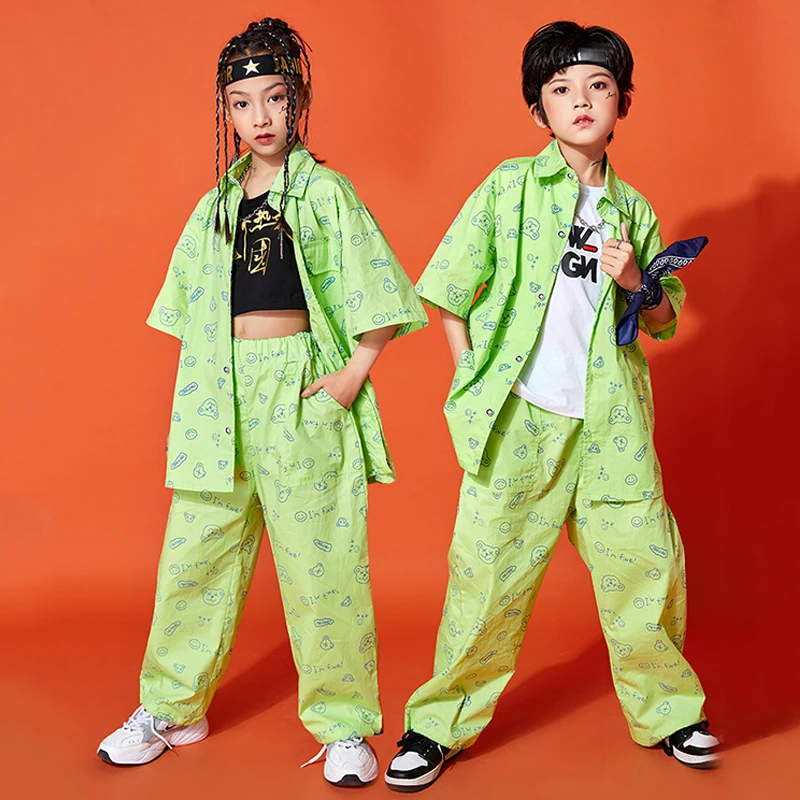 

Handsome Hip Hop Dancing Costumes Kids Green Shirts Pants For Girls Jazz Performance Clothing Boys Street Rave Clothes