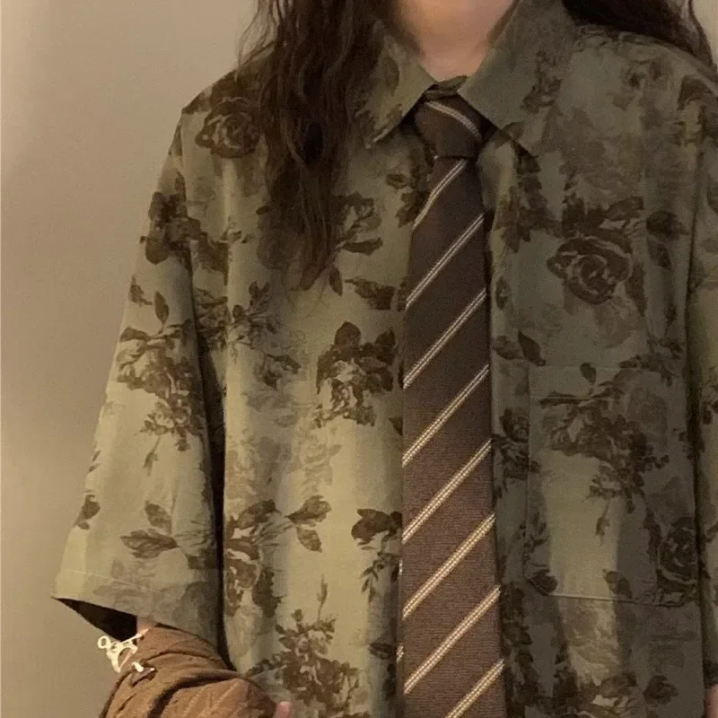 Женская винтажная рубашка с коротким рукавом летняя нейтральная цветочной