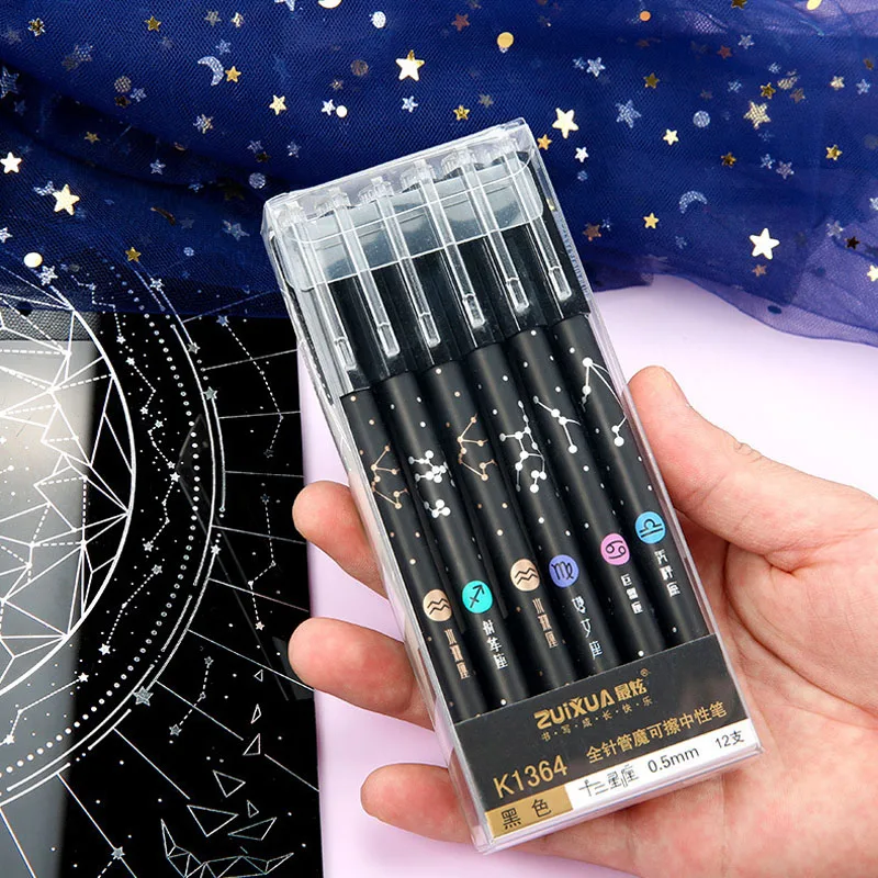 Twelve Constellations Full Needle Tube Erasable Neutral Pen Crystal Blue Black 0.5MM Student Writing With Learning Stationery