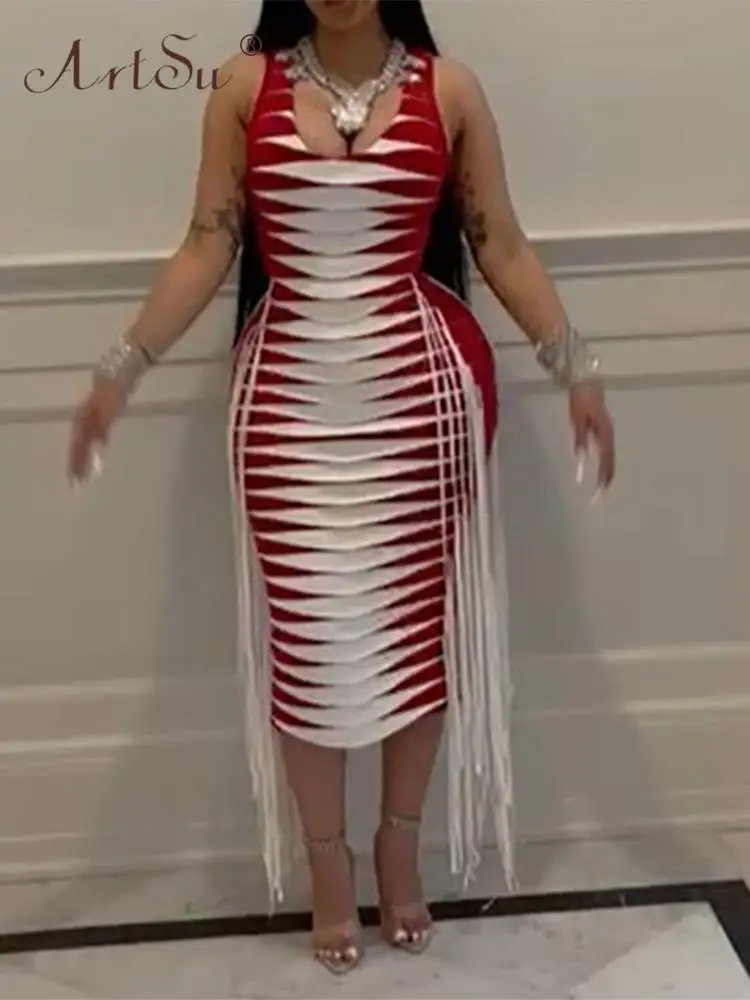 

ArtSu Striped Print Tassel Midi Elegant Women's Dresses For Party Hipster Low Neck Sleeveless Evening Dress Clothing ANDYDR1854