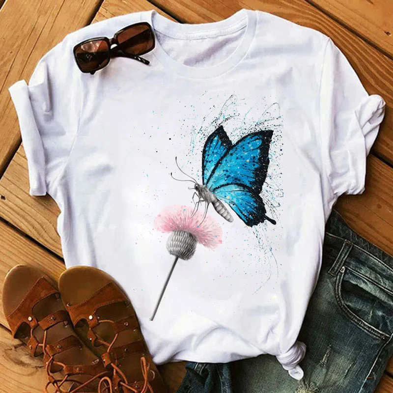 

Fashion Women T Shirt Bloomful Butterfly Printed T Shirt Casual Short Sleeve Tops Female Cute Graphic Tee Shirt Women T-shirts