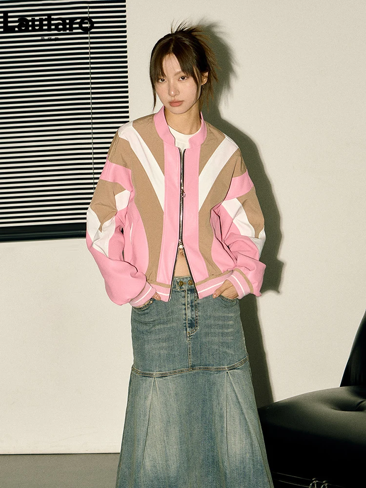 

Lautaro Весна Осень Прохладная Короткая Свободная Цветная Блочная Бейсбольная Куртка Бомбер из искусственной кожи Женщины с застежкой-молние...