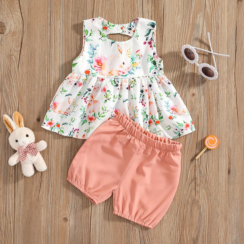 Summer Newborn Baby Girl Clothes Sleeveless Round Neck Floral Rabbit Print Vest Solid Shorts Baby's Sets