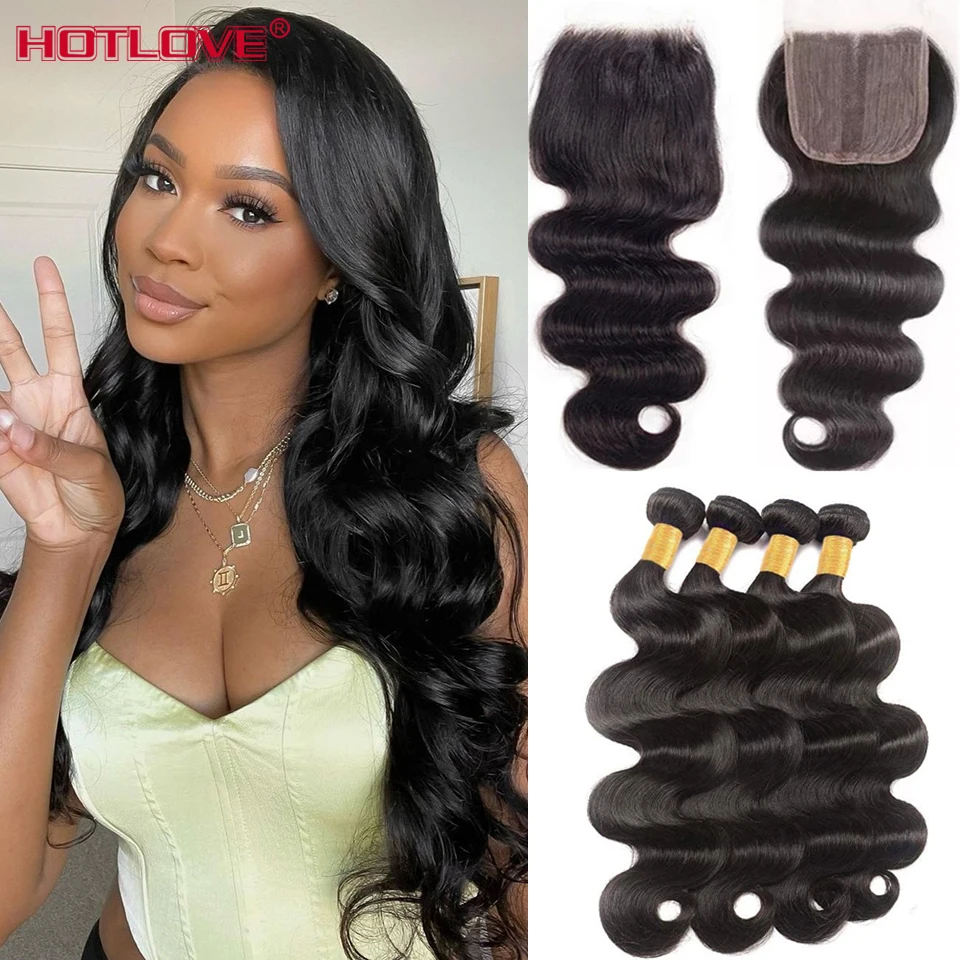 Body Wave Human Hair Bundles With Closure 36 38 40 Brazilian Hair Weave Bundles With Closure Pre Plucked Remy Hair Extension