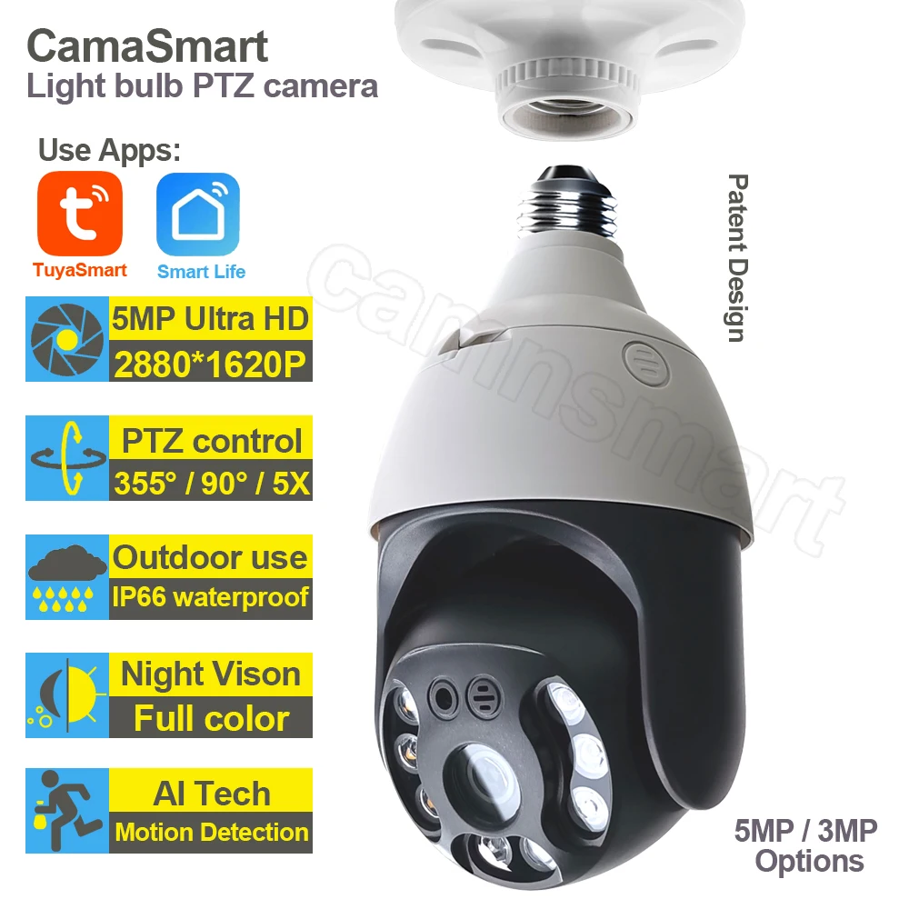 

Умная наружная камера Camnsmart 5MP Tuya с лампочкой, Wi-Fi IP PTZ цветная камера ночного видения для домашней безопасности с автоматическим слежением, в...