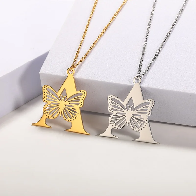 

A-Z 26 Initials Name Necklace Letter Alphabets Butterfly Pendant Necklaces Stainless Steel Femme Choker Jewelry Gift for Women