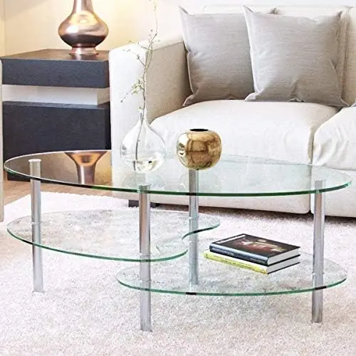

Coffee Table with 2 Tier Tempered Glass Boards & Sturdy Chrome Stainless Steel Legs-Clear Oval Glass End Table Coffee Tea Ta Sma