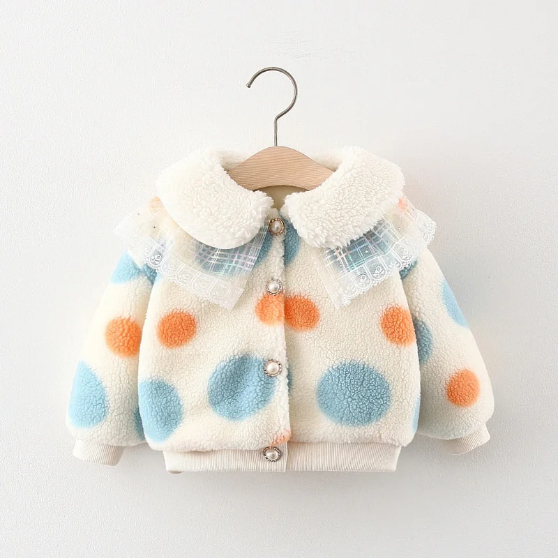 

Infant Girls' Baby Clothes Jacket Plus Velvet Thickening Coat Long Sleeve Top New Polka Dot Lace Wool Sweater For Autumn Winter