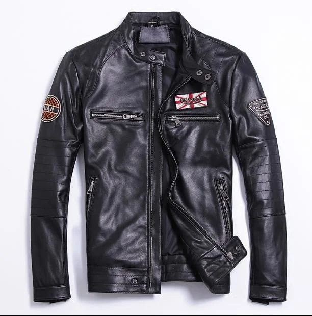 

shipping.Sales classic quality slim Free Sheepskin jackets,men's genuine sheep leather,motorcycle biker clothing.plus
