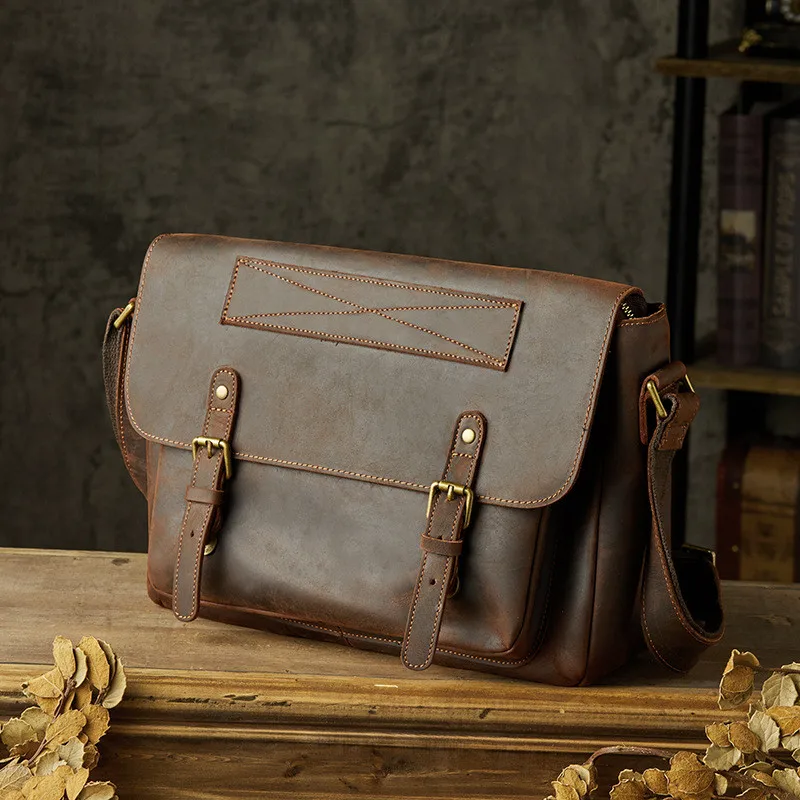 Retro fashion natural real leather men coffee messenger bag everyday outdoor crazy horse cowhide single shoulder messenger bag