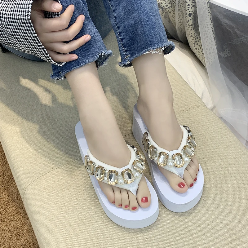 

2022 Women Summer Rhinestones Sandals Woman Shoes Flip Flops Summer Beach Slippers Female Shoes Non-slip Wedge Shoes Large Size