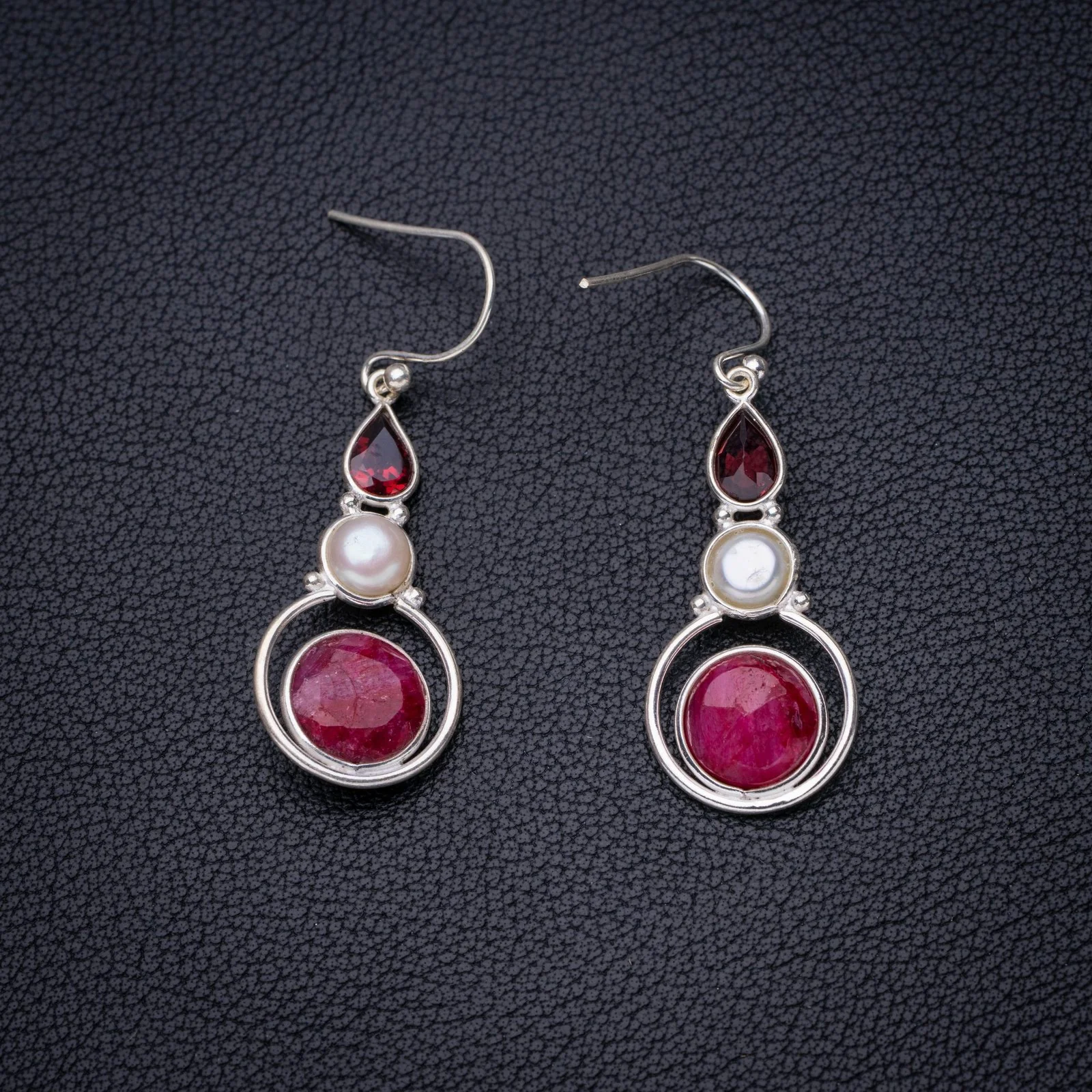 

StarGems Natural Cherry Ruby Garnet And River Pearl Handmade 925 Sterling Silver Earrings 1.75" E6686