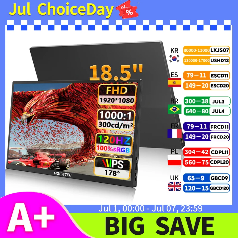 HGFRTEE monitor portátil 18,5 pulgadas 120 Hz FHD IPS, Sync, soporte VESA