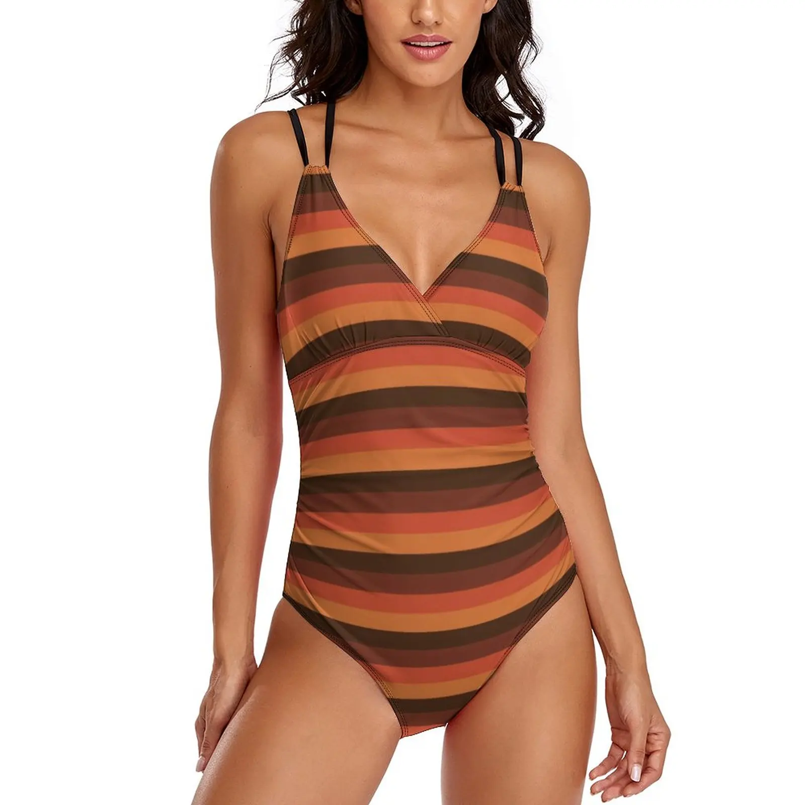 

Cool Retro 70S Print Swimsuit Brown Orange Stripes Swimwear One Piece Swimsuits Female Push Up Sexy Sweet Beach Outfits