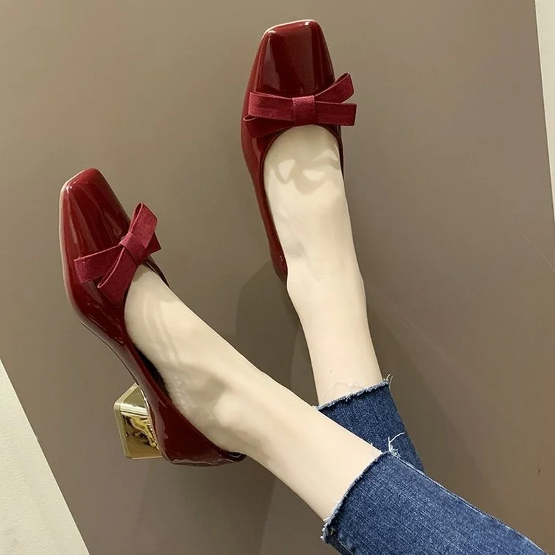 

Mujer Temperament Formal Women Shoes 2022 Spring Square Toe Patent Leather Bow Thick Heel Shoes French High-heeled Women's Shoes