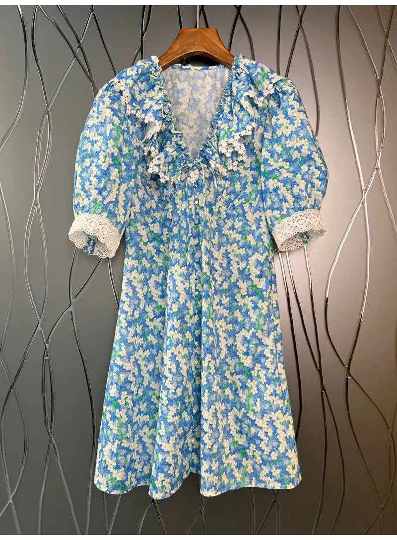 100%Cotton Dress 2022 Summer Style Women V-Neck Blue Floral Prints Lace Patchwork Short Sleeve A-Line Casual Vintage Dress Club