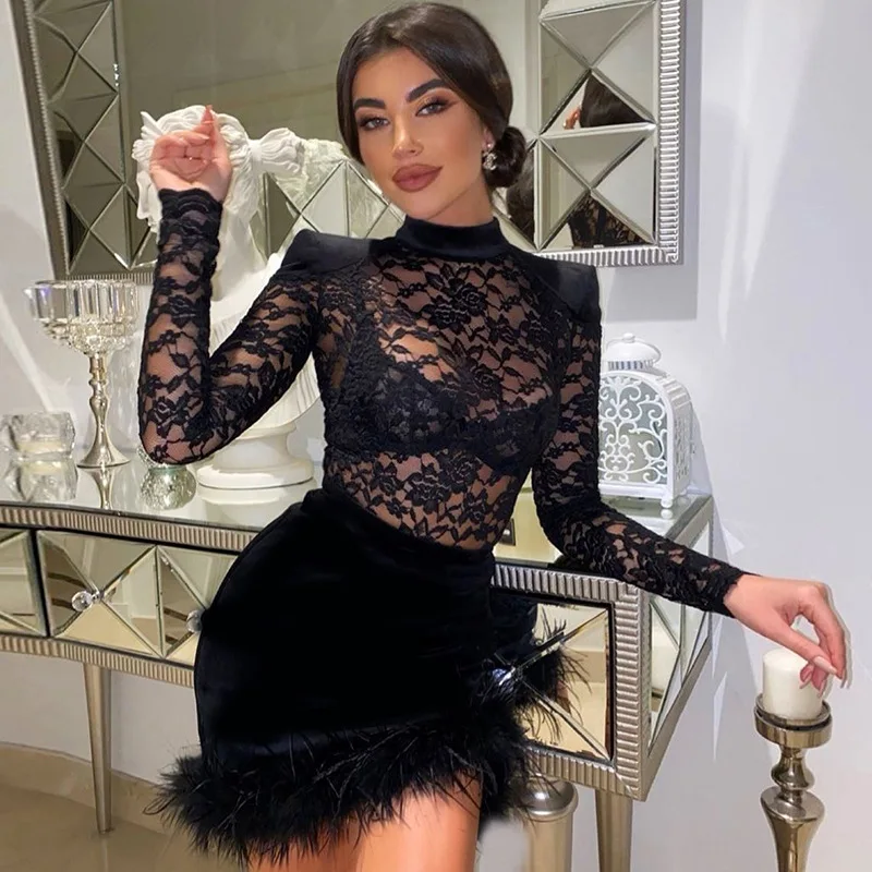 

Sexy hip-wrapped lace panels, suede fur, sheer babes skirt dress