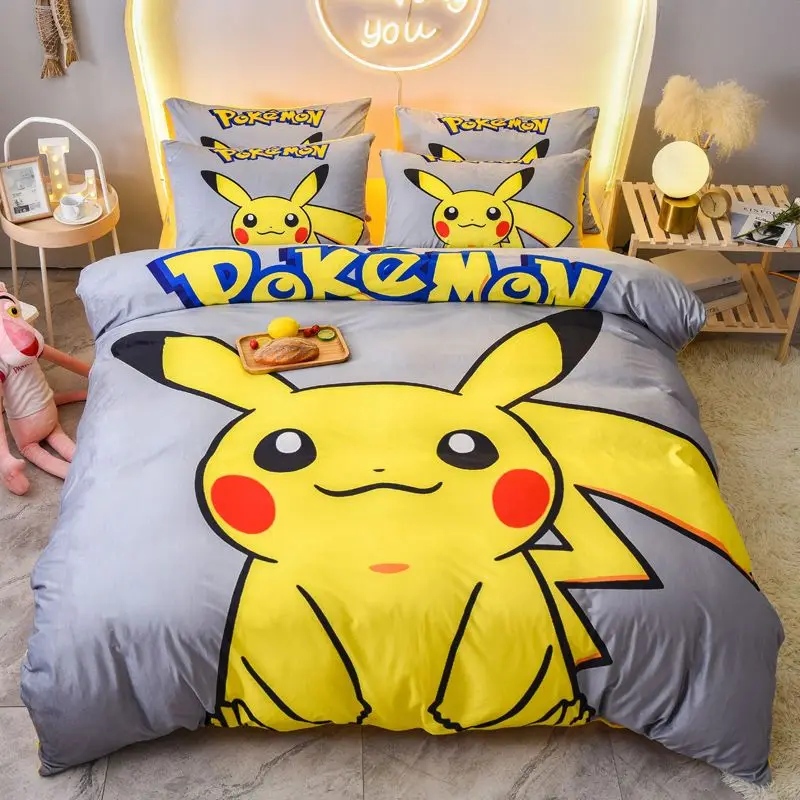 

Pokemon Pikachu Four Piece Suit Anime Kawaii Milk Velvet Sheet Quilt Cover Children Men's Dormitory Bedding Article Gifts