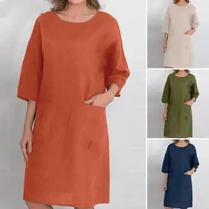 Women Dress Round Neck Loose Three Quarter Sleeves Knee Length Match Shoes Pullover Pockets Commute Midi Dress Women Clothes