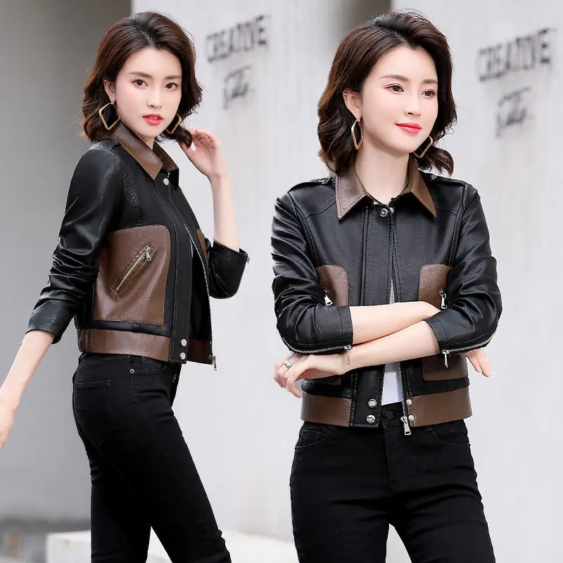 Sheepskin Jacket 2022 New Spring Colorblock Lapel Versatile Trend Short Leather Jackets Female Fashion Streetwear Oversized Coat