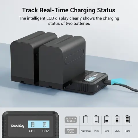 SmallRig Комплект зарядного устройства NP-F970 Дополнительные аккумуляторы Быстрое зарядное устройство USB Двойное зарядное устройство для Sony NP-F970 960 950 930 550 570 750