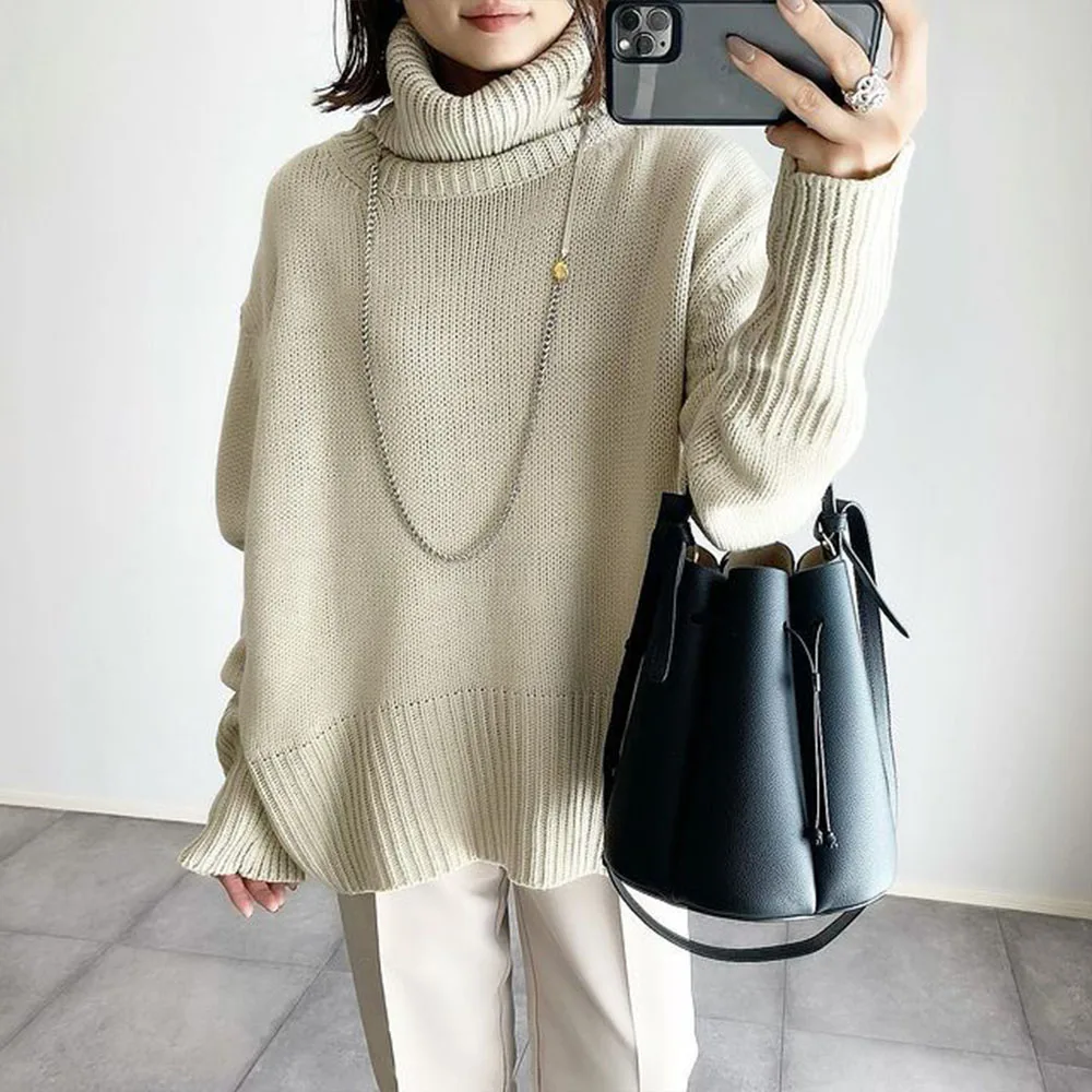 

Turtleneck Women Solid Loose Mid-Length Coarse Wool Sweater Winter Tops For Ladies Travel Look Office Lady Pullover Warm Casual