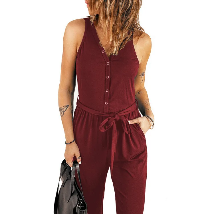 Black High Waist Casual Jumpsuit Sleeveless V-Neck Women Fashion New Summer Jumpsuits With Blet Elastic Waist Sexy Overalls