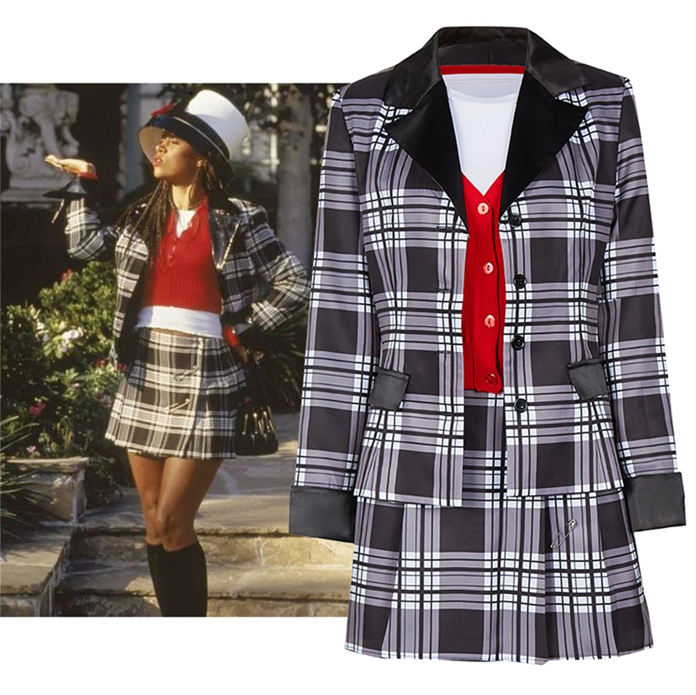 Movie Clueless Cher Horowitz Dion Dress Suit School Uniform College Jacket Skirt Woman Outfits Halloween Cosplay Costume