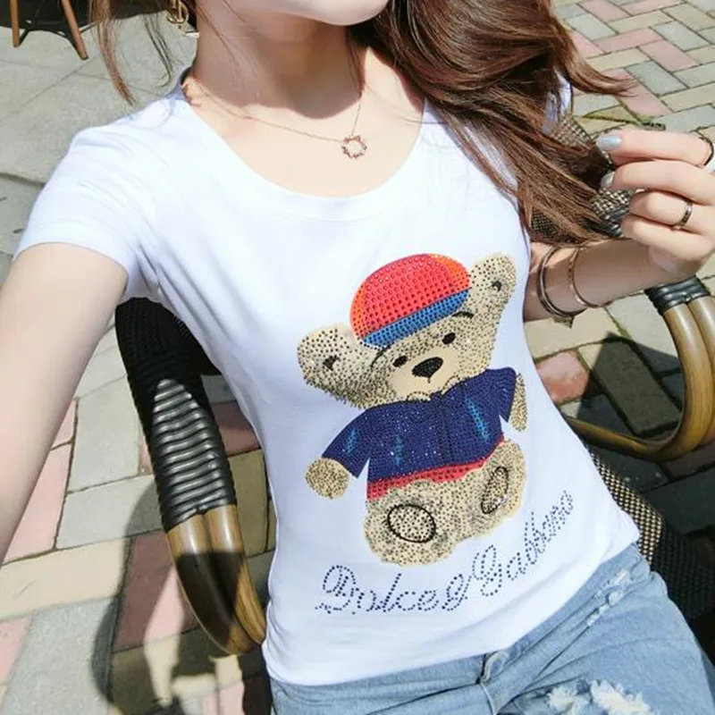 

Plus size 3XL!summer diamond white T-shirt women short-sleeved cotton prited shirt tops