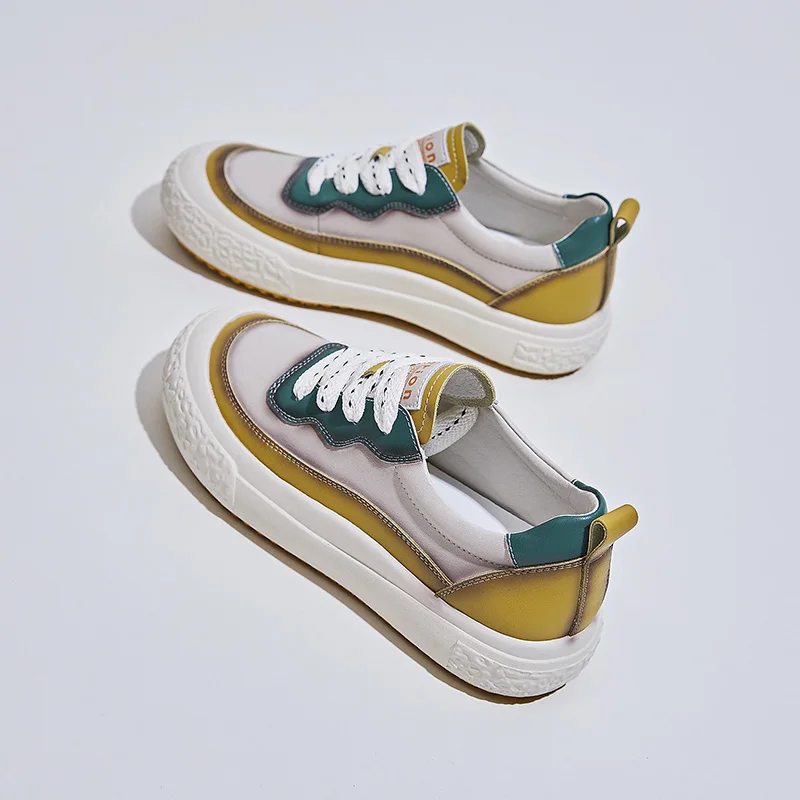 CICIYANG Women's Casual Sneakers Genuine Leather 2023 New Spring Retro Color Matching Chinese Style Ladies Flats Shoes Handmade