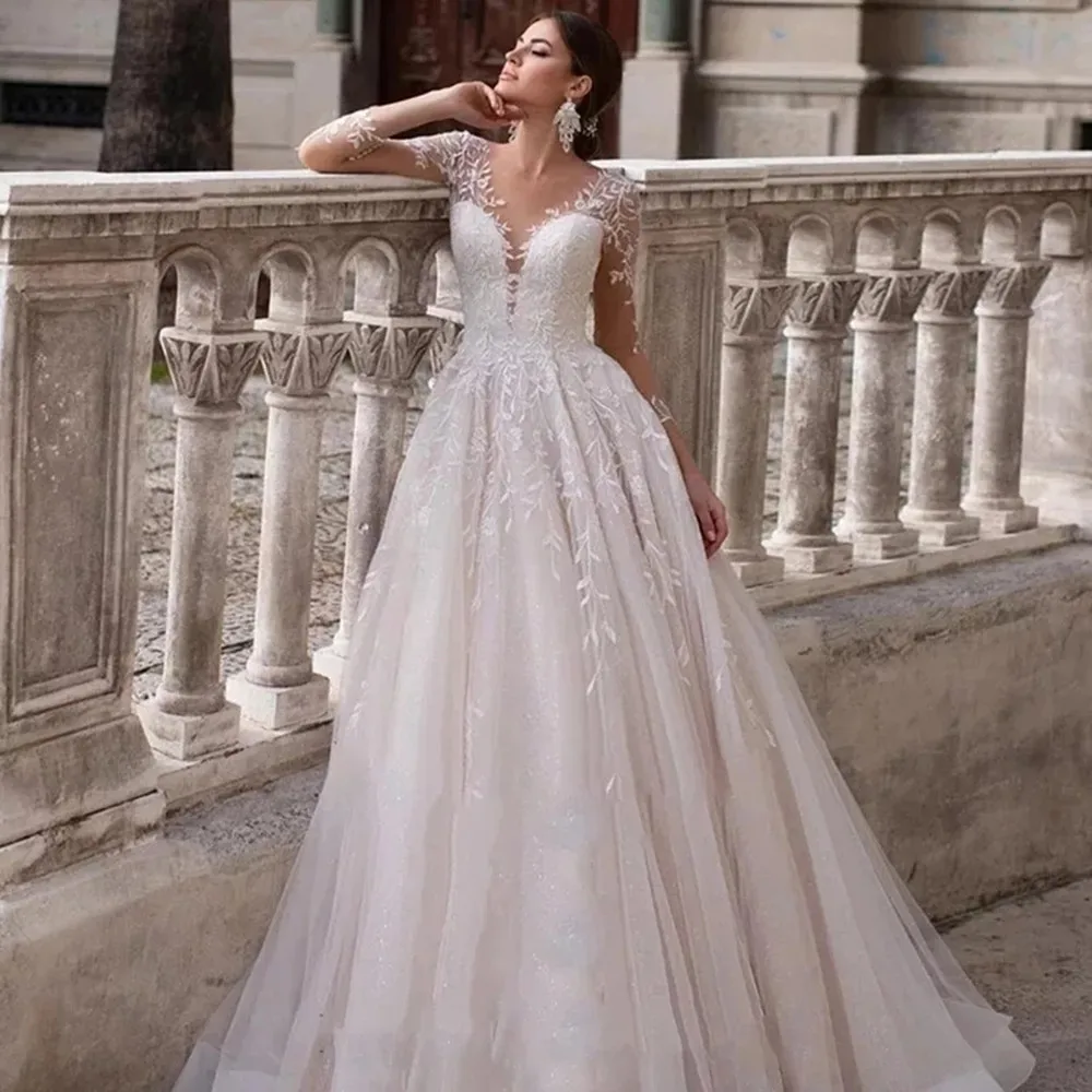 

Wedding Dresses Long Sleeveless Lace Appliqués Robe De Mariée Glitter Tulle A Line Bridal Gown Buttons Vestidos De Novia