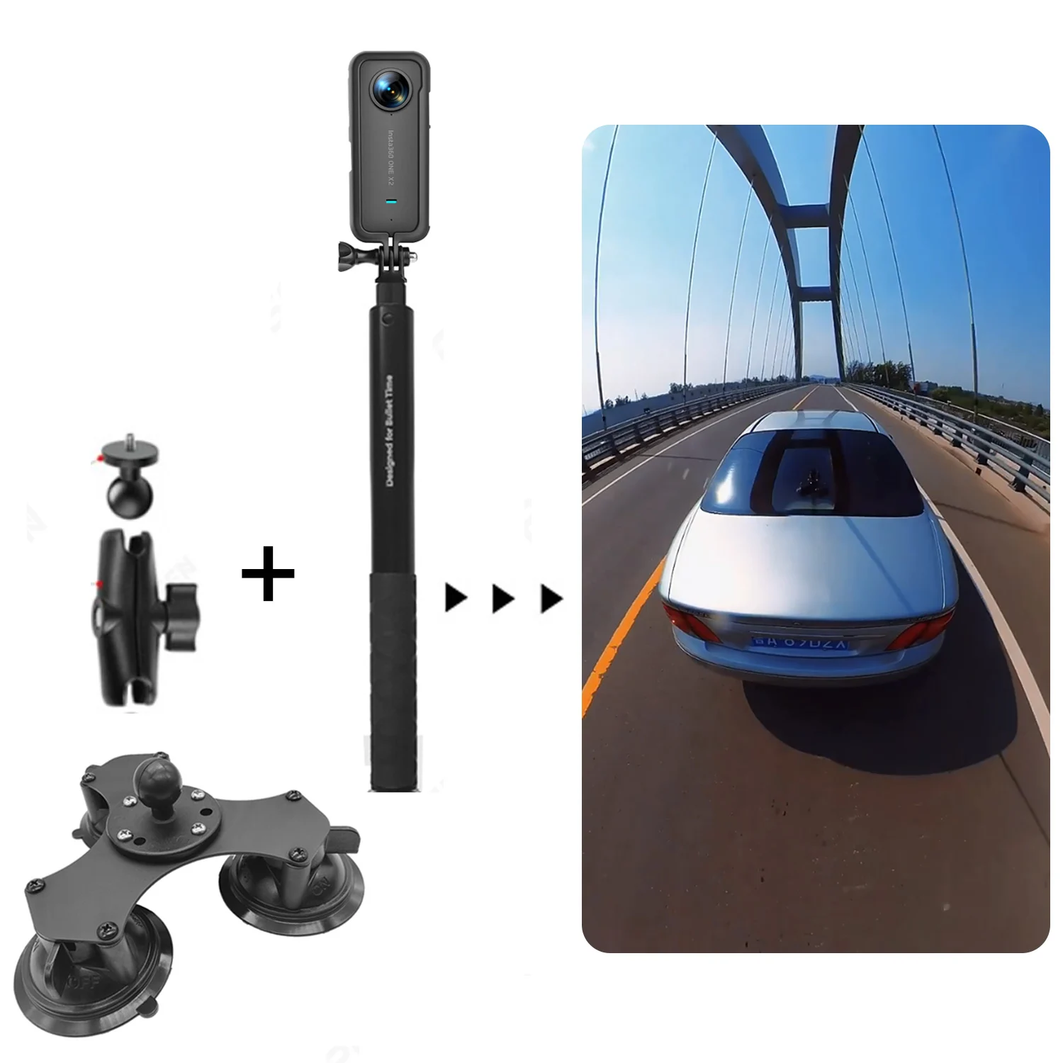 1 inch Ball Head Dual Flat Car Suction Cup Holder with Suitable Invisible Selfie Stick for Insta360 One R X2 GoPro Max Accessory images - 6