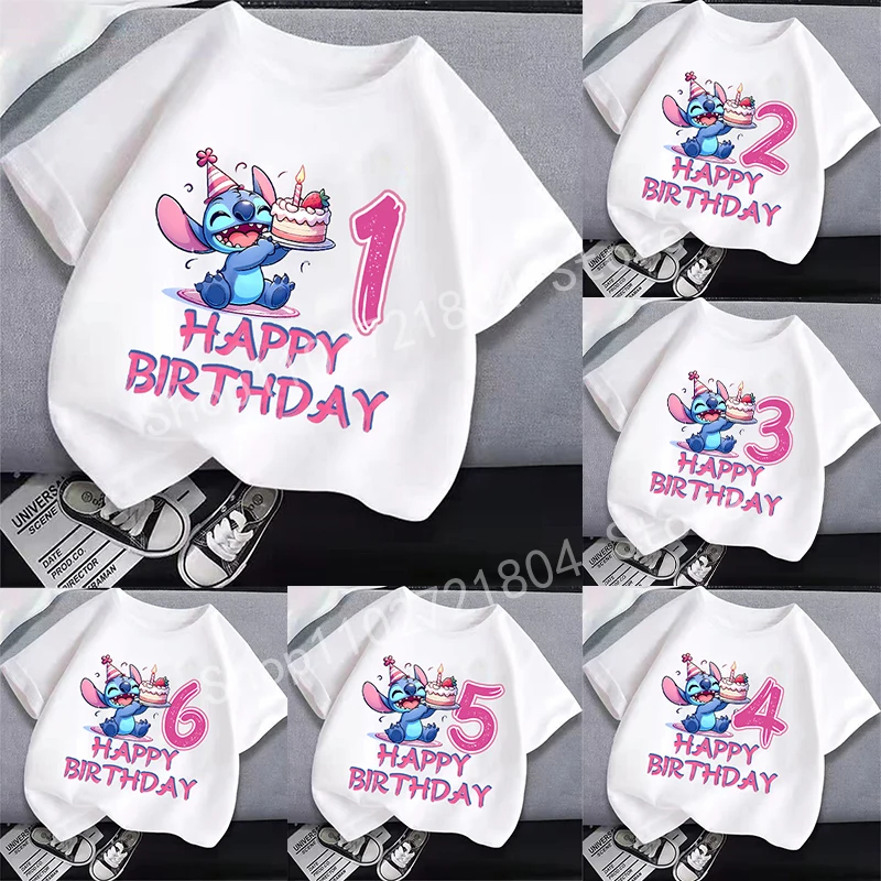 Stitch Disney Number T-shirt Short Sleeve Cartoon Print Round Neck Girls Clothes Cute Cotton Anime Tops Fashion Birthday Gifts