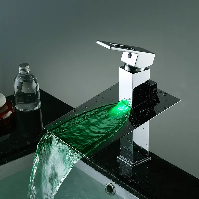

Bathroom Basin Led Faucet Water Powered Led Waterfall Faucet 3 Colors Changed by Water Temperature Basin Sink Mixer Tap