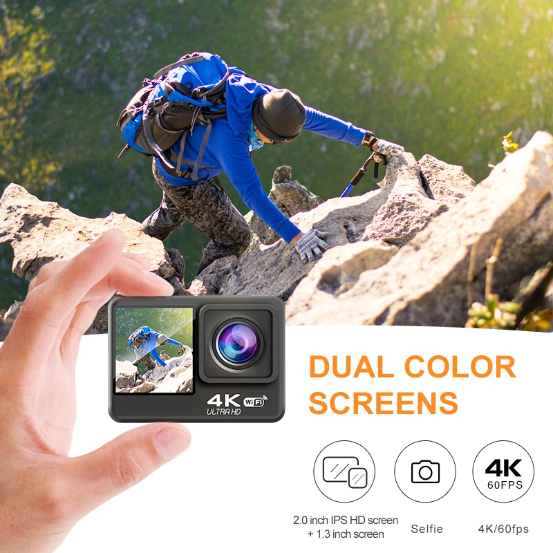 Экшн-камера 4K 60fps стабилизированная EIS 20 МП Ultra HD двойной экран дистанционное