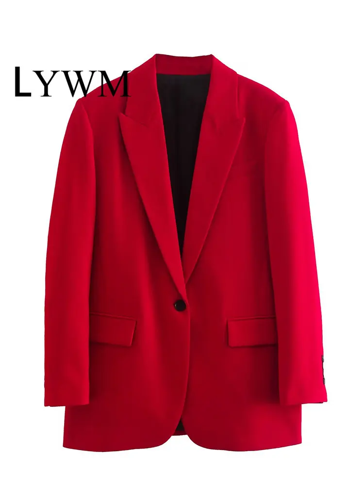 

LYWM Women Fashion With Pockets Solid Single Button Blazer Vintage Long Sleeve Notched Neck Female Chic Lady Coat