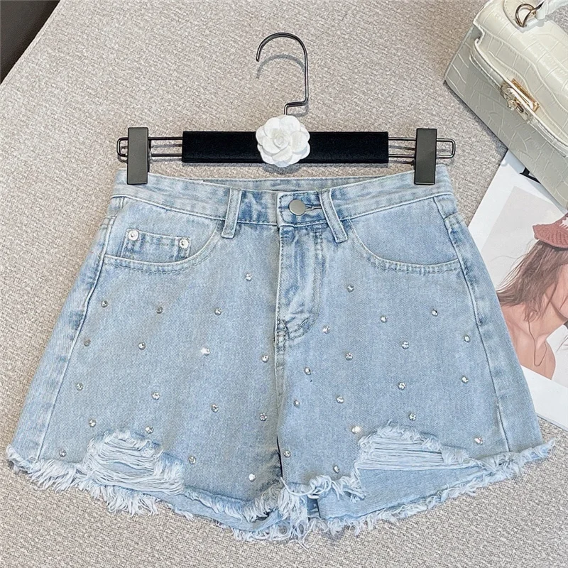 

Summer 2022 New Arrivals Ropped Holes Tassel Rhinestones Light Blue Denim Shorts Streetwear Short Jeans GE516