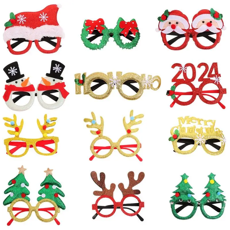 

12 Pcs Xmas Glasses Frame Cute Eyeglasses Funny Decorative Glasses Christmas Party Decors Snowman Deer Antler Eyeglass Frames