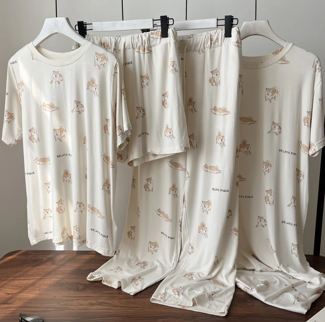 T-shirt Trousers Dress Sleepwear Short Set Room Wear Gelato Pique Summer Women's Pajama Bottoms Shiba Inu Printed  Modal Cotton