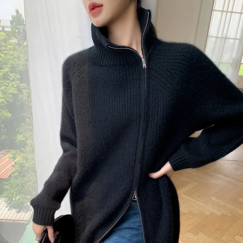 Утолщенный вязаный кардиган-поло из 100% шерсти с воротником-поло/черепашковым