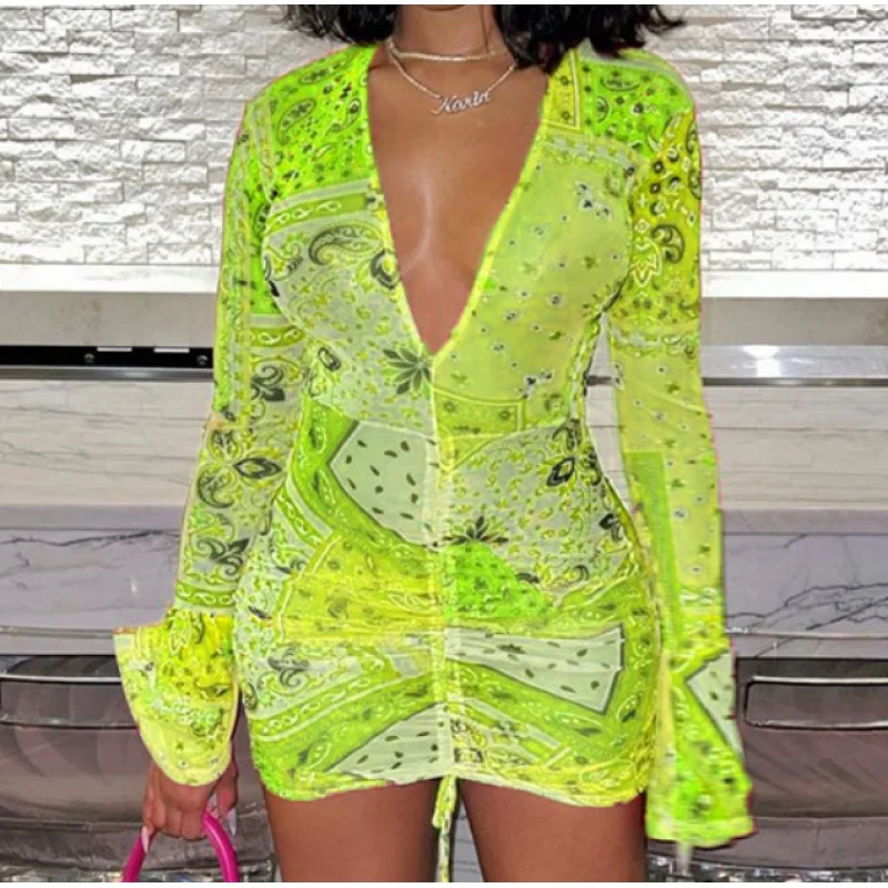 

Real Shot Nightclub Mesh European and American All-Matching NewINSStyle DeepVCollar Printed Flared Long Sleeve Pleating Short Ba