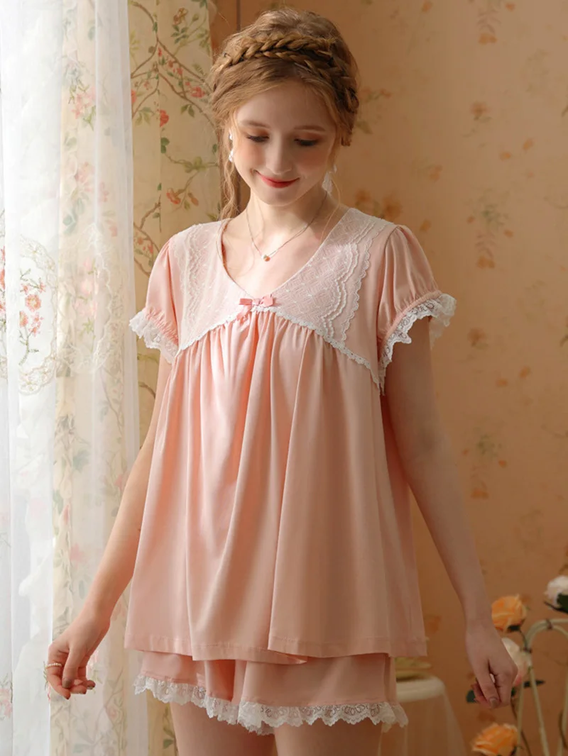 Women Summer V-Neck Short Sleeve Lace Ruffles Tops and Shorts Nightwear Suit Solid Cute Sweet Vintage Pajamas Home Sleepwear