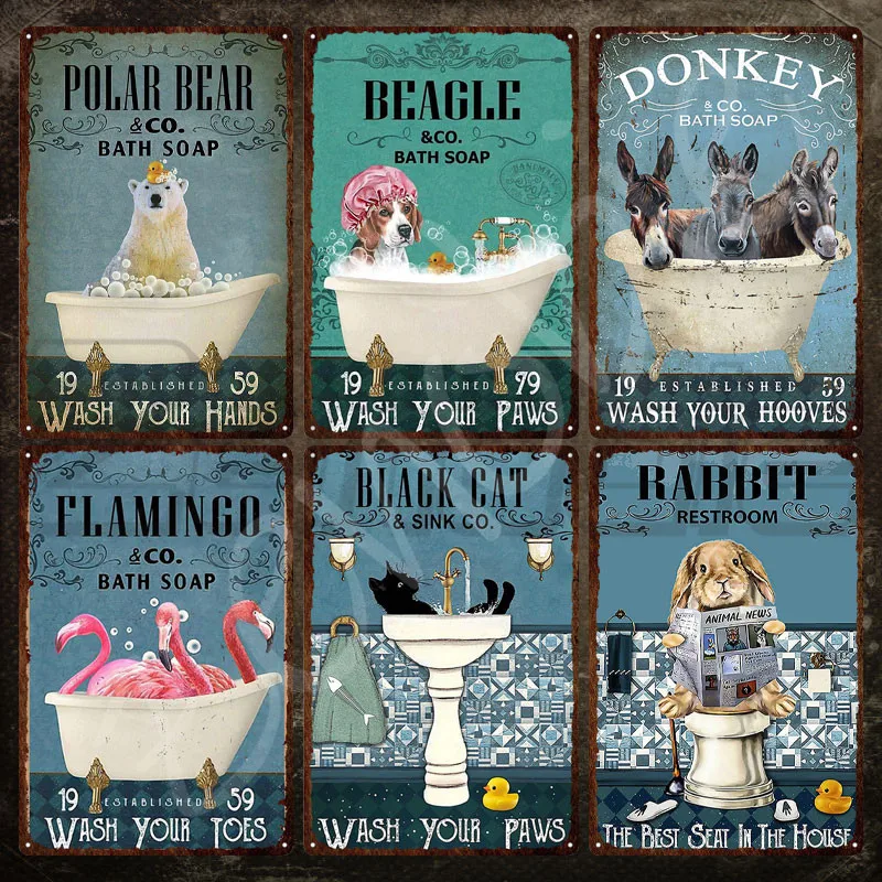 

Metal Sign Wall Decor Animals Bath Soap Tin Sign Polar Bear &co Bath Soap Metal Poster Wash Your Paws Plaque for Bathroom Decor