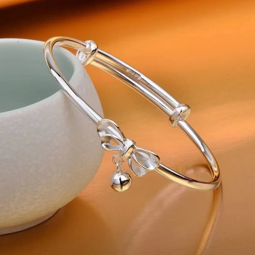Fashion Bow-Knot Bangle Bracelet Simple Silver Color Adjustable Size Opening Cuff Bracelet With Bell For Women Girls Gifts images - 6