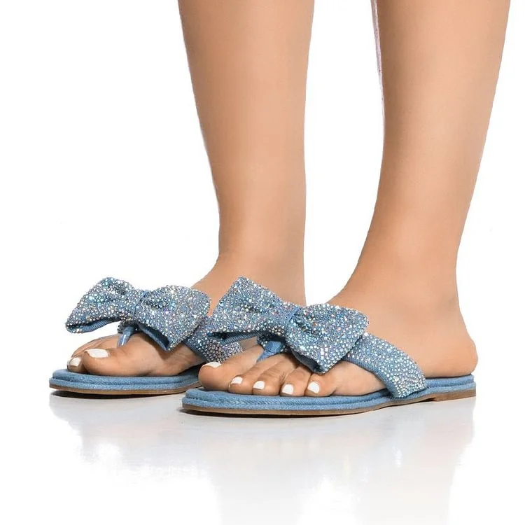 

Handmade customize sizing on your demand Blue Open Toe Flat Sandal Women'S Elegant Rhinestones Bow Shoes Summer Mule Flats